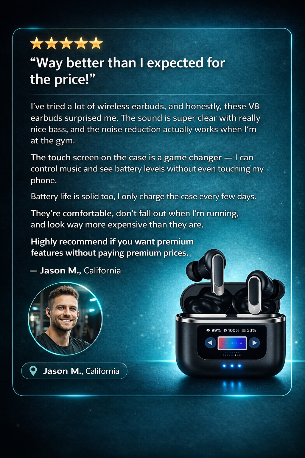 V8 Pro Smart Touch Wireless Earbuds with Noise Cancellation & LED Display