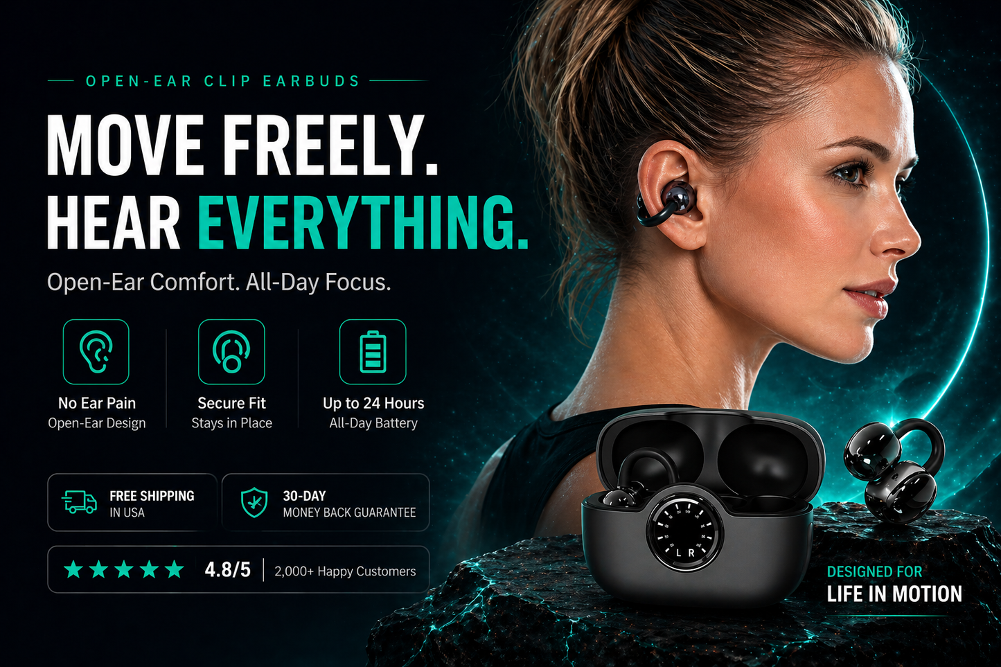 A80 Open-Ear Clip Earbuds – No Pressure Fit, Stay-Secure Comfort & Powerful Sound