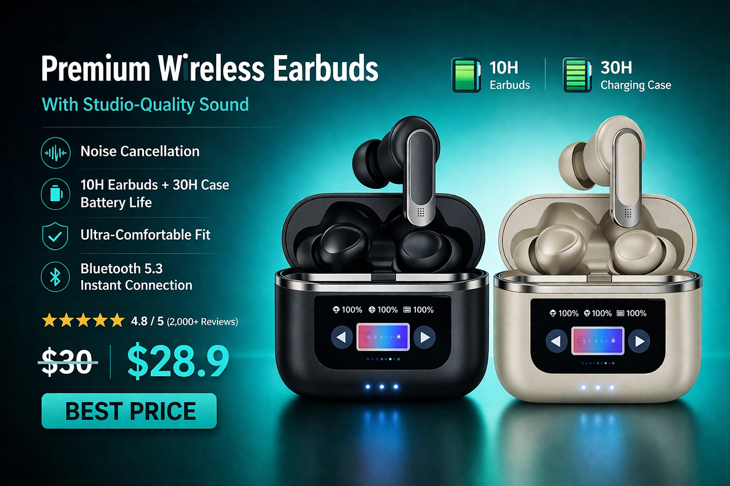 V8 Pro Smart Touch Wireless Earbuds with Noise Cancellation & LED Display