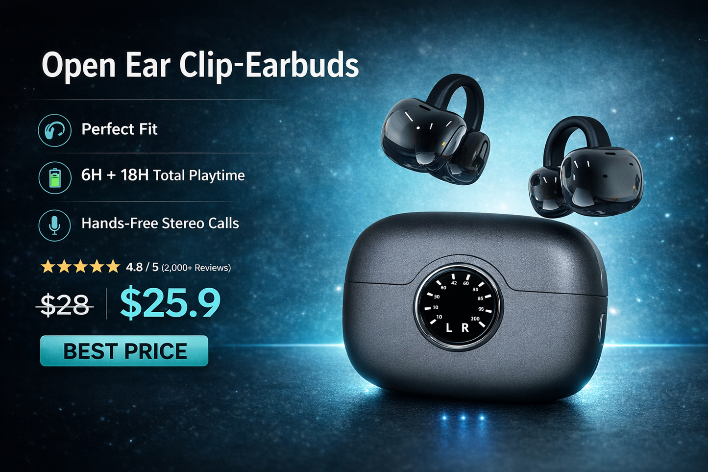 A80 Open-Ear Clip Earbuds – No Pressure Fit, Stay-Secure Comfort & Powerful Sound