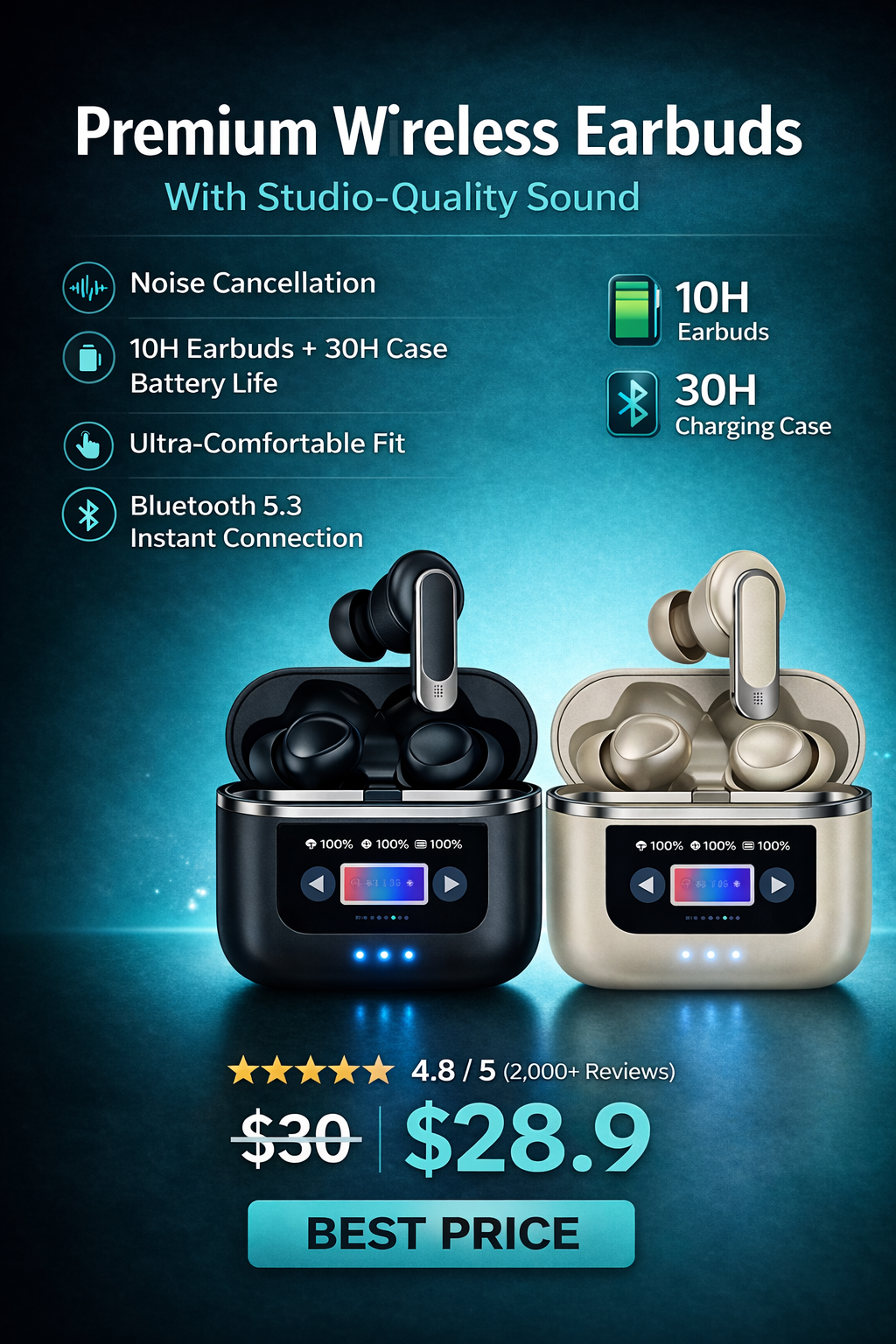 V8 Pro Smart Touch Wireless Earbuds with Noise Cancellation & LED Display