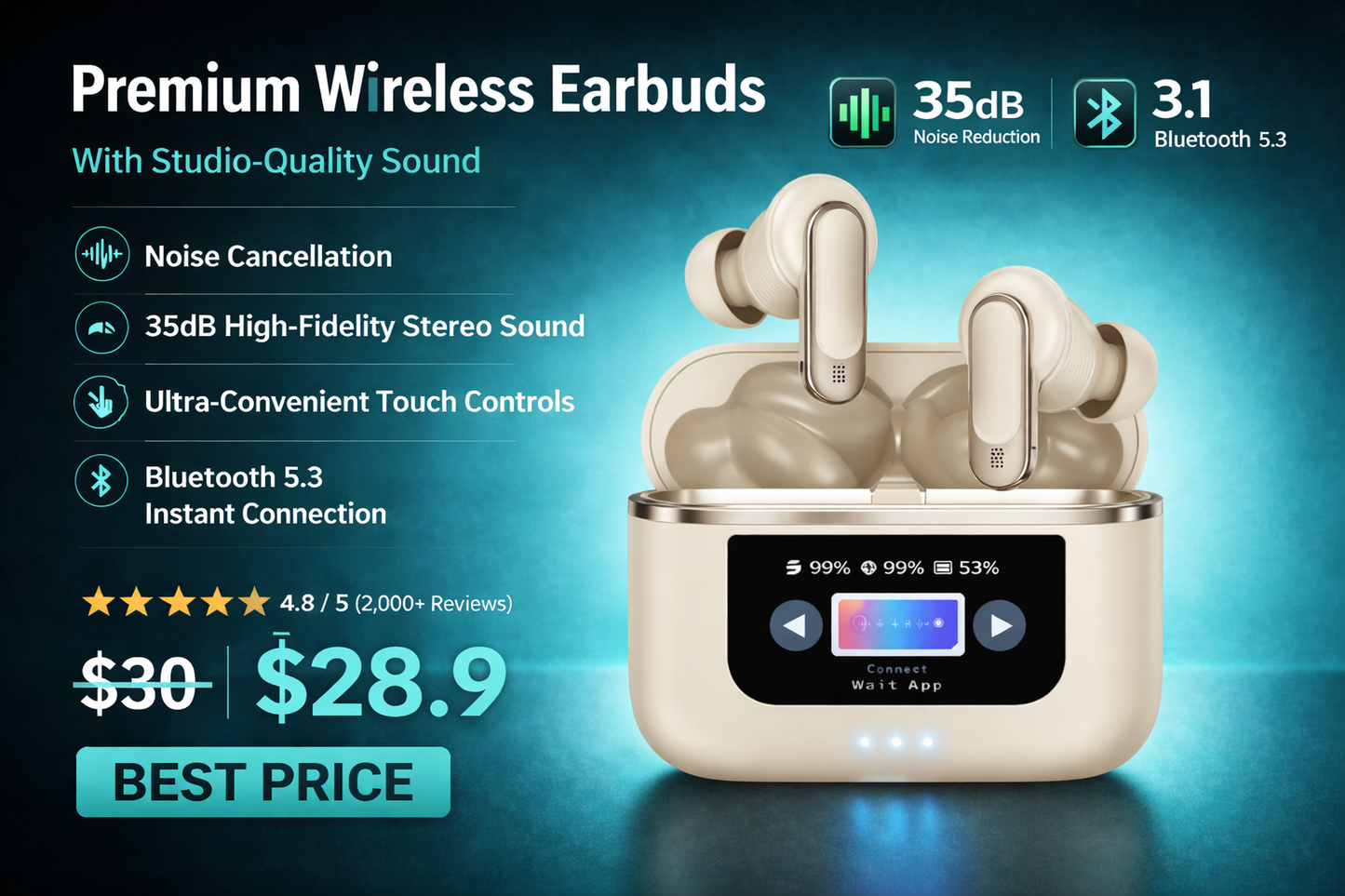 V8 Pro Smart Touch Wireless Earbuds with Noise Cancellation & LED Display