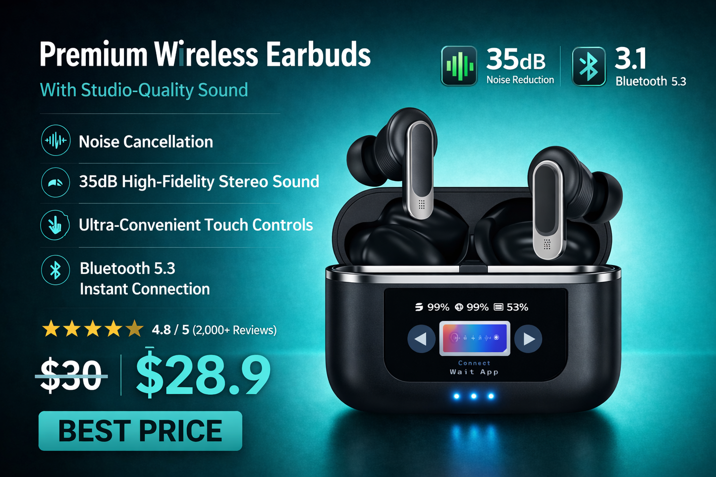V8 Pro Smart Touch Wireless Earbuds with Noise Cancellation & LED Display