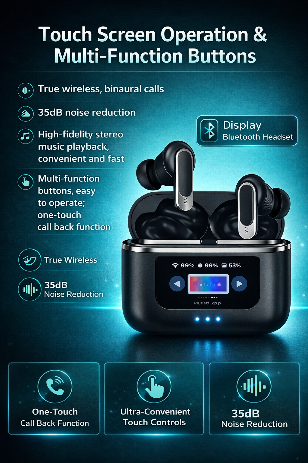 V8 Pro Smart Touch Wireless Earbuds with Noise Cancellation & LED Display