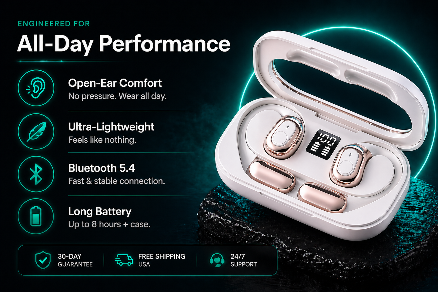 Q80 Open-Ear Wireless Earbuds Secure Fit • All-Day Comfort • Clear Calls